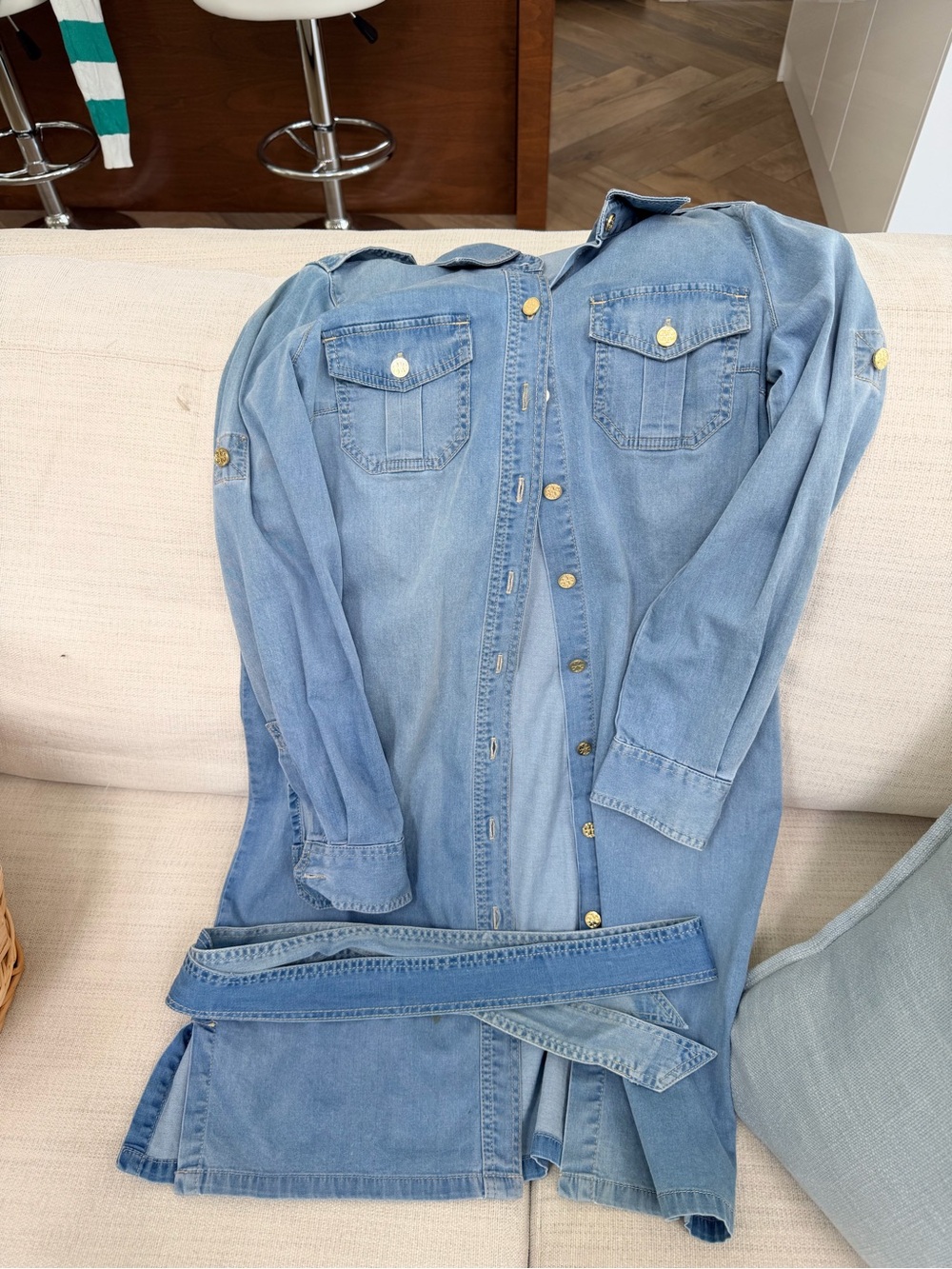 Tory Burch Light Blue Denim Shirt Dress with Gold-Tone Buttons